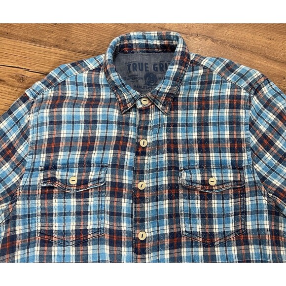 True Grit Button Up Shirt Mens Large Blue Red Plaid Flannel Long Sleeve Western - Picture 5 of 15